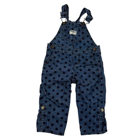 OshKosh B'Gosh Denim Blue Jean Overalls Polka Dot Size 18M 100% Cotton Vestbak - Picture 1 of 12